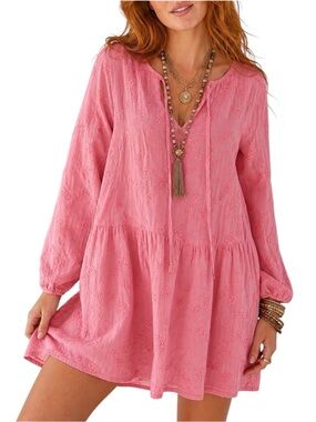 M&S Collection Pink 3D Embroidered Floral Cotton Boho Short Shift Dress Medium